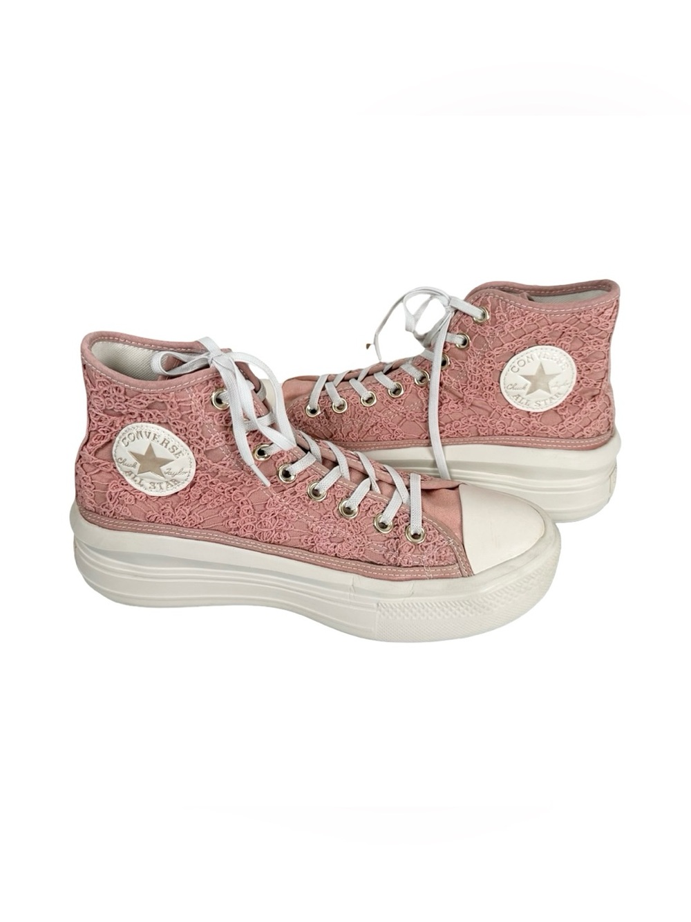 Converse Chuck Taylor All Star Move Platform Pink Daisy Crochet High Top Shoes 9 - Picture 2 of 6